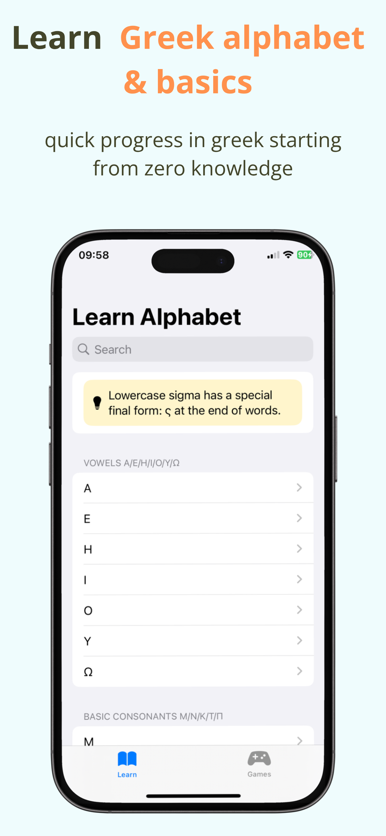 Greek Alphabet For Beginners app showing letter learning interface with pronunciation and tracing