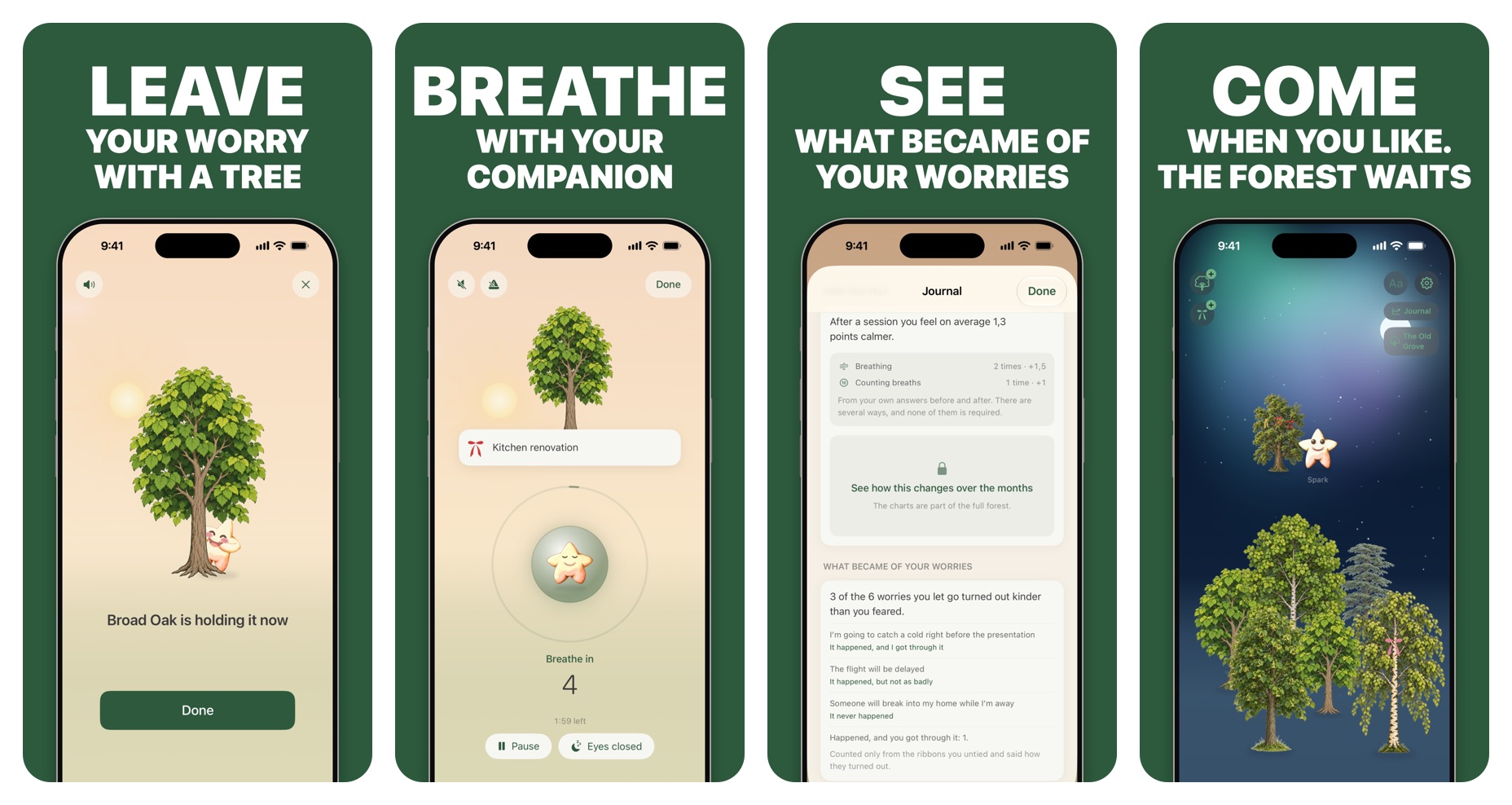 Four Hug a Tree app screenshots on iPhone: a worry left with a broad oak tree, a guided breathing exercise with the star companion Spark, the journal showing that 3 of 6 worries turned out kinder than feared, and a forest of trees under a night sky
