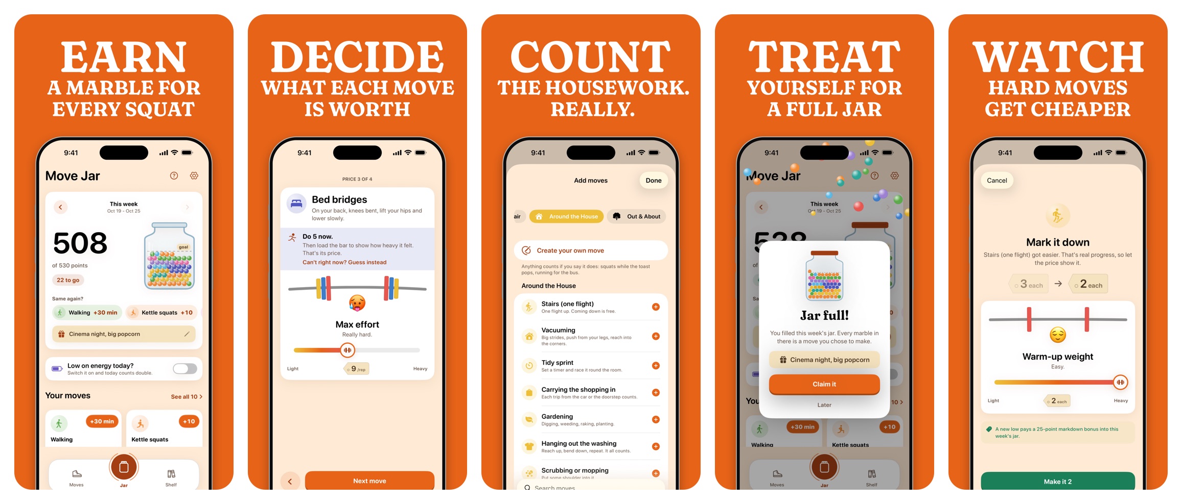 Five Move Jar app screenshots on iPhone: the weekly jar at 508 of 530 points with a reward on its label, pricing Bed bridges by loading a barbell to Max effort, the Around the House moves such as vacuuming and gardening, the Jar full celebration with Claim it, and marking Stairs down from 3 to 2 points