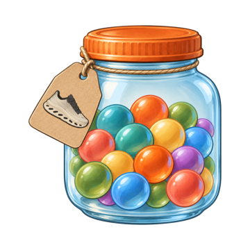 A glass jar of colourful marbles with an orange lid, the Move Jar icon
