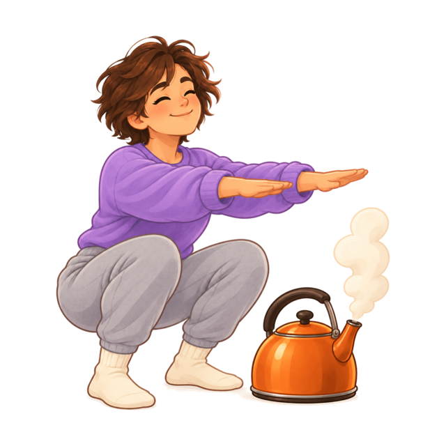 A cartoon person in a purple jumper and grey joggers doing a squat beside a steaming orange kettle